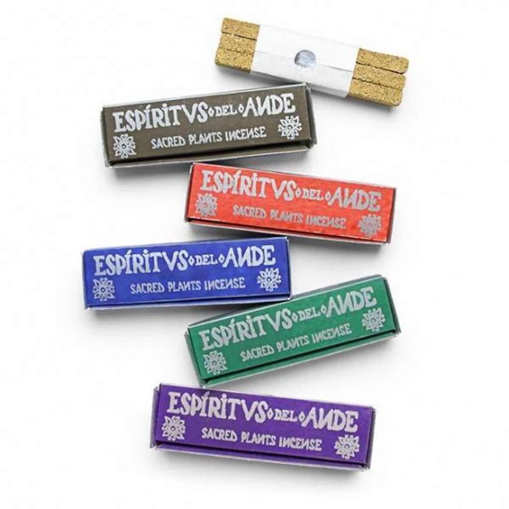 Set of colorful Espritus del Ande incense packages on a white background.