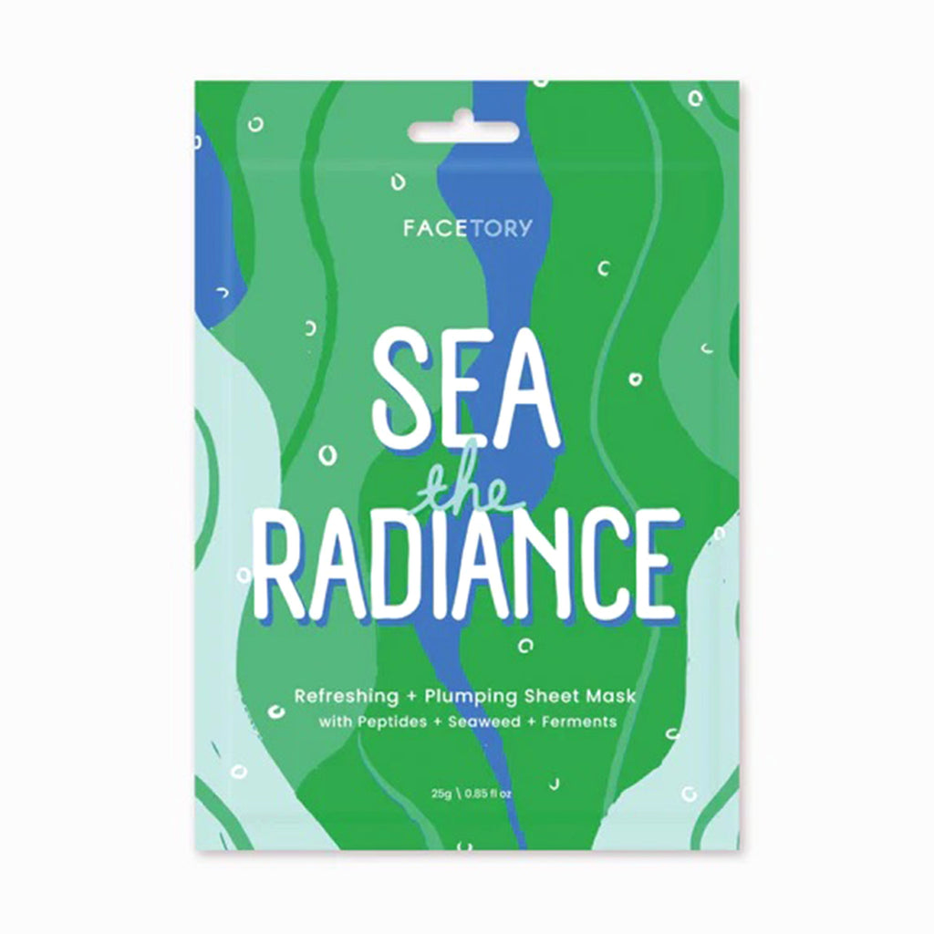 Facetory Sea the Radiance Refreshing and Plumping sheet mask with peptides, seaweed and ferments in pouch packaging with a green seaweed illustration on the front.
