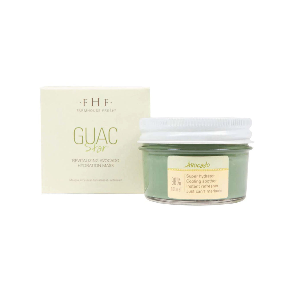 FarmHouse Fresh Guac Star Revitalizing Soothing and Hydrating Avocado Face Mask in glass jar with box packaging.