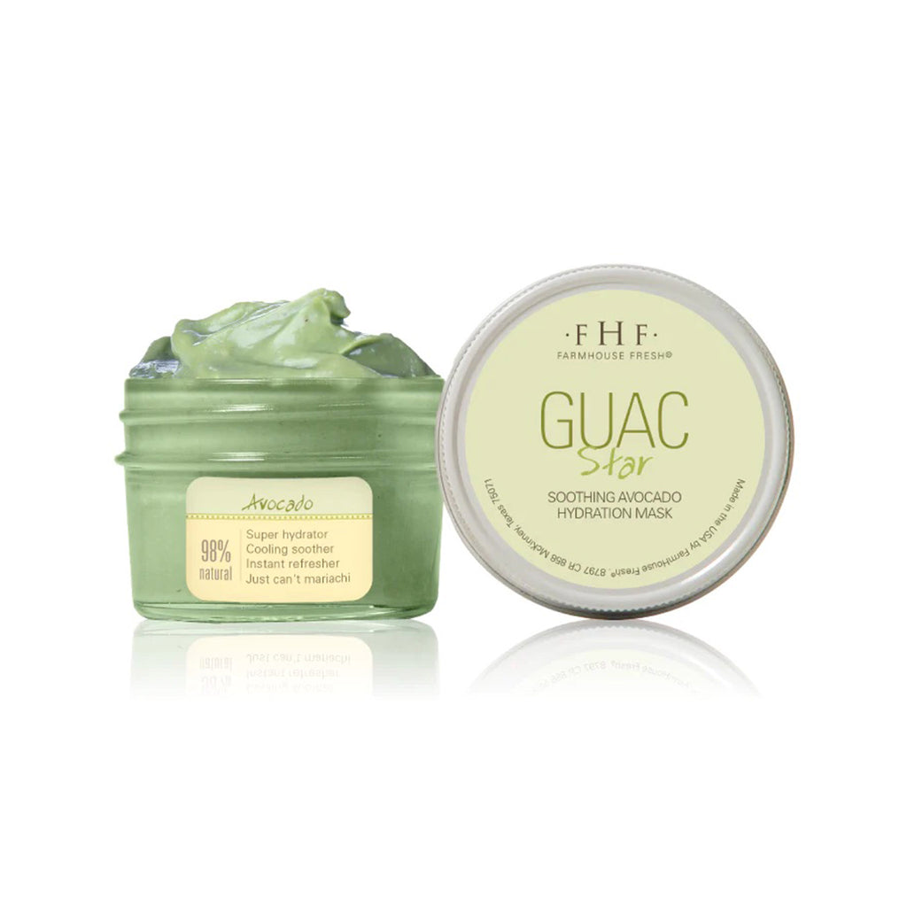 FarmHouse Fresh Guac Star Revitalizing Soothing and Hydrating Avocado Face Mask in glass jar, lid off.