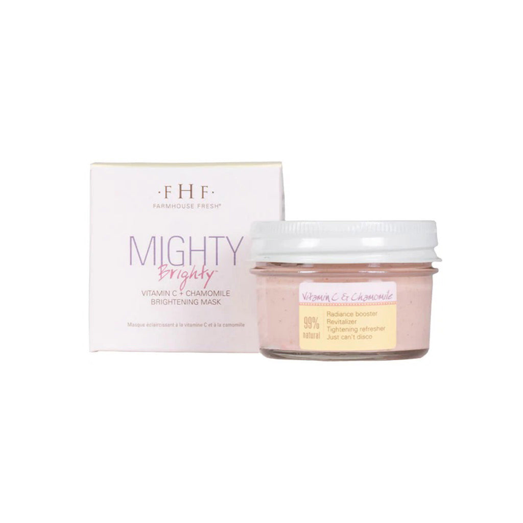 FarmHouse Fresh Mighty Brighty Vitamin C + Chamomile Brightening Mask in glass jar with box packaging.