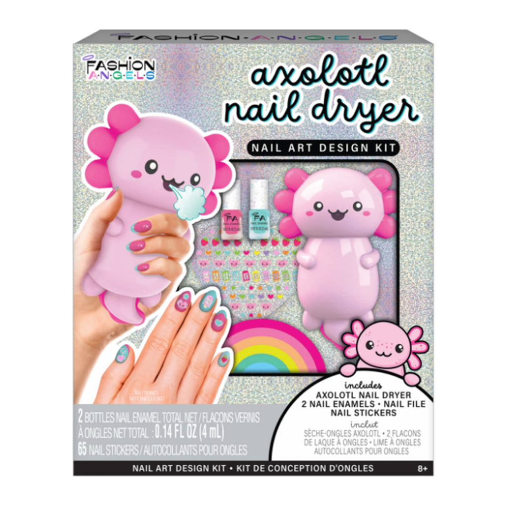 Nail art design kit with axolotl-themed nail dryer and accessories on a white background.