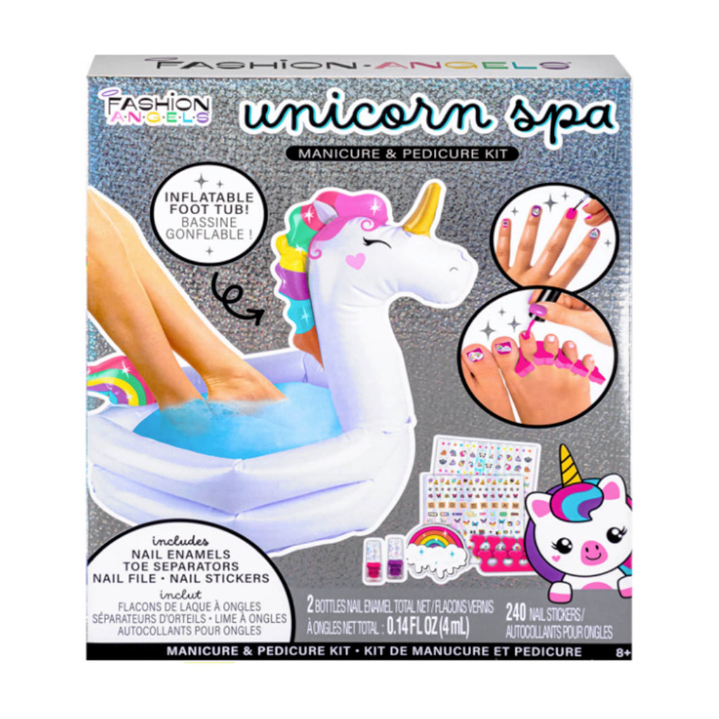 Box of Fashion Angels unicorn spa manicure and pedicure kit with inflatable foot tub and nail care items.