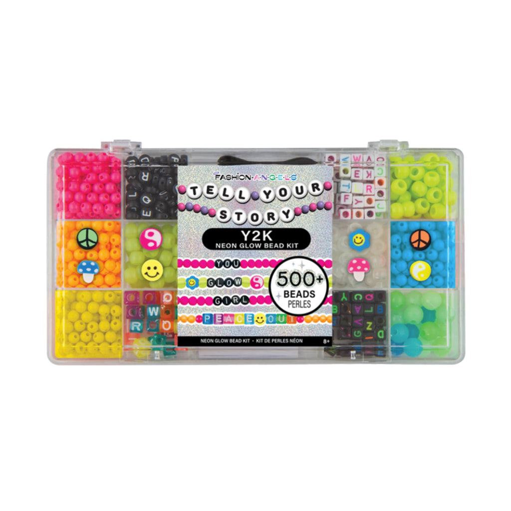 Neon glow bead kit with colorful neon beads and letter tiles in a plastic case, on a white background.