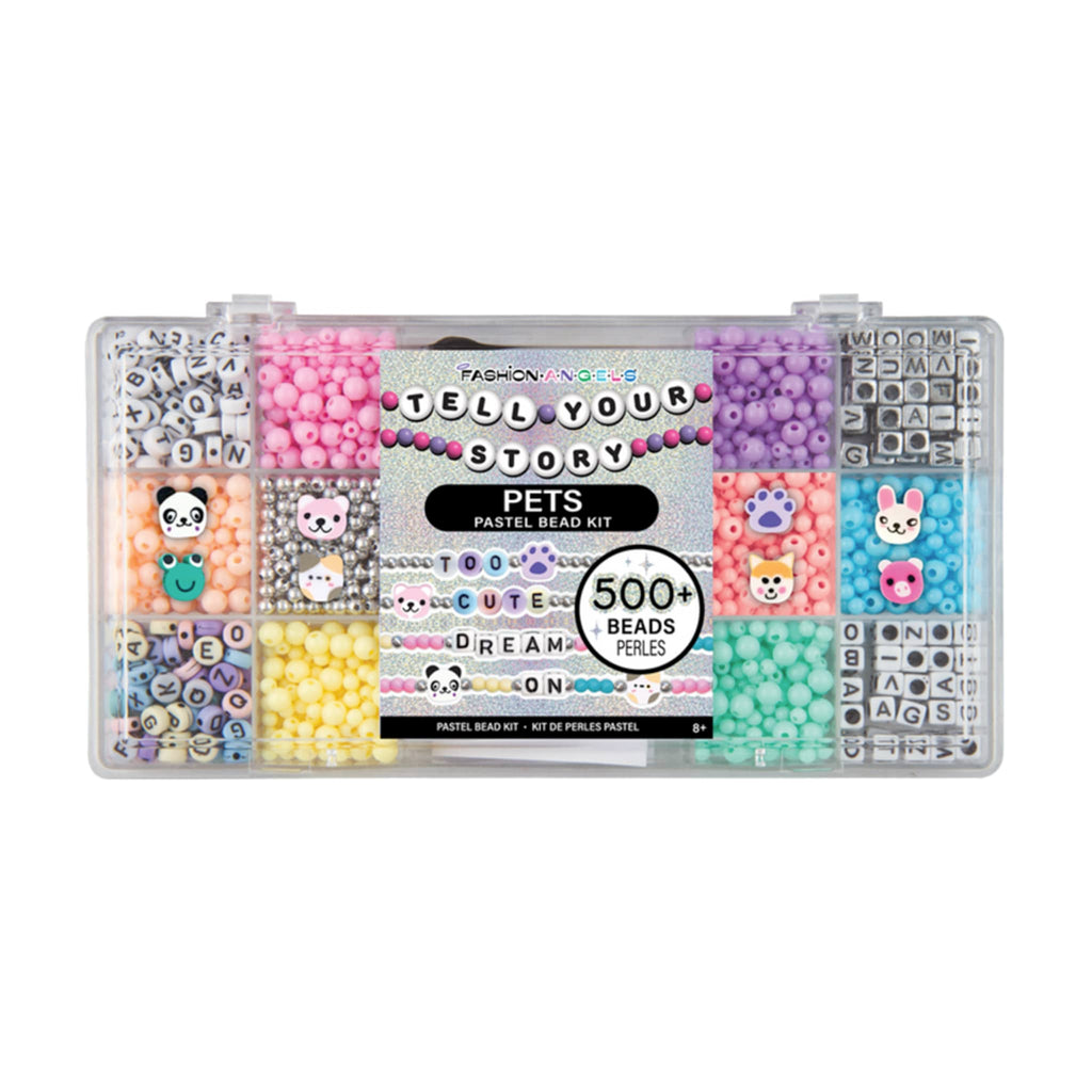 Bead kit with colorful pastel beads and pet charms 'Tell Your Story' packaging on a white background.