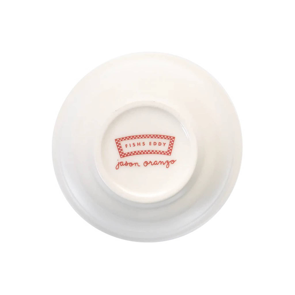 Bottom of white ceramic bowl with 'Fishs Eddy' logo in orange on a white background.