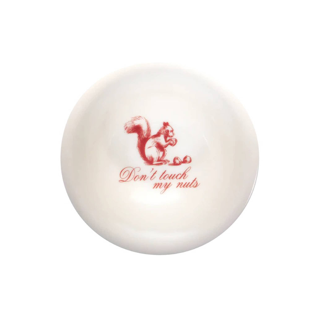 White bowl with red squirrel design and text 'Don't touch my nuts' on a white background.