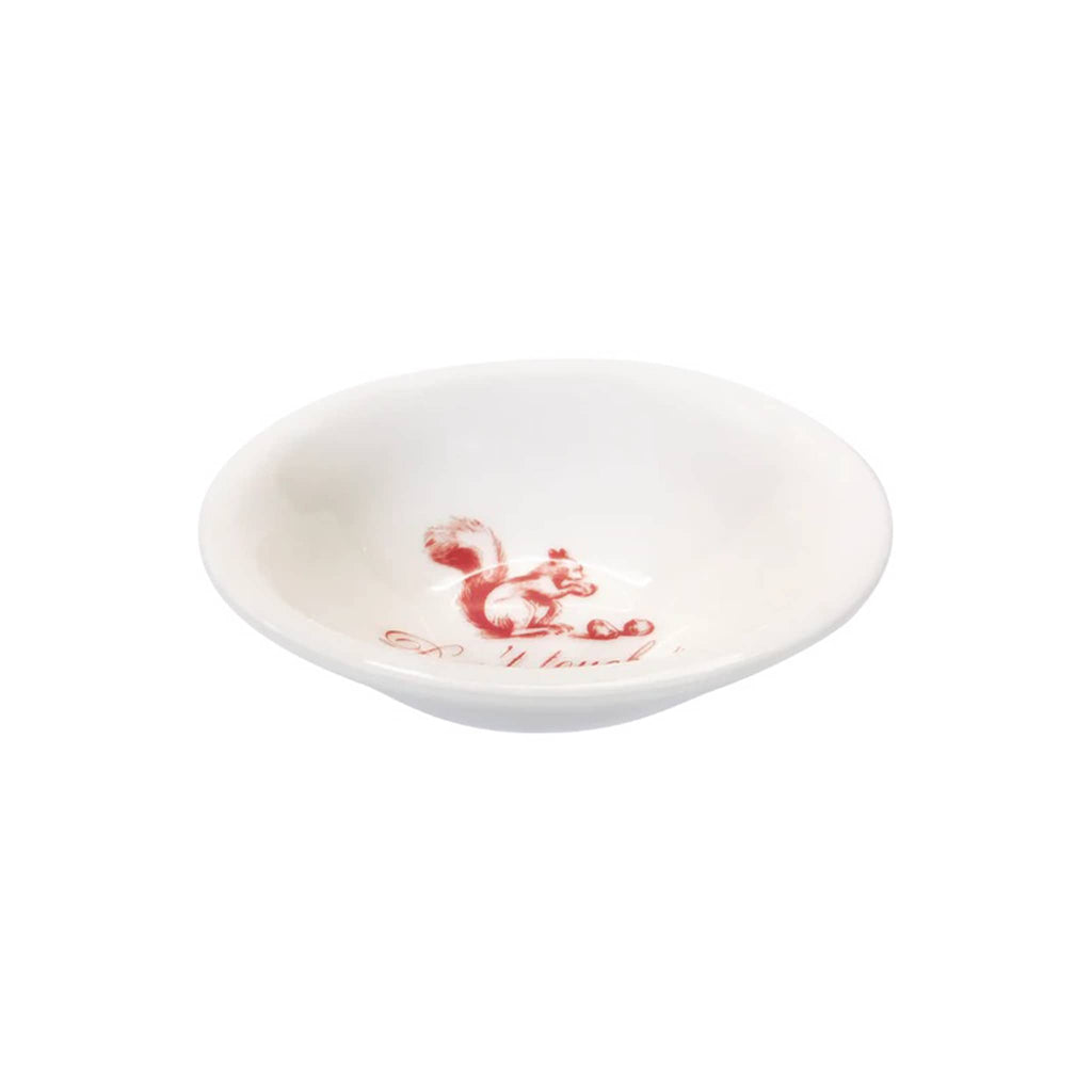 White bowl with red squirrel design and text on a white background.