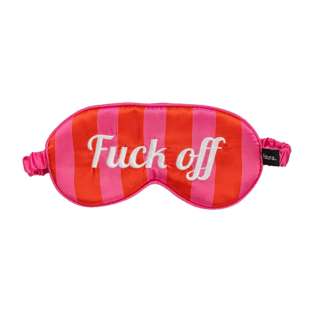 Pink and red striped sleep mask with 'Fuck off' text on a white background.