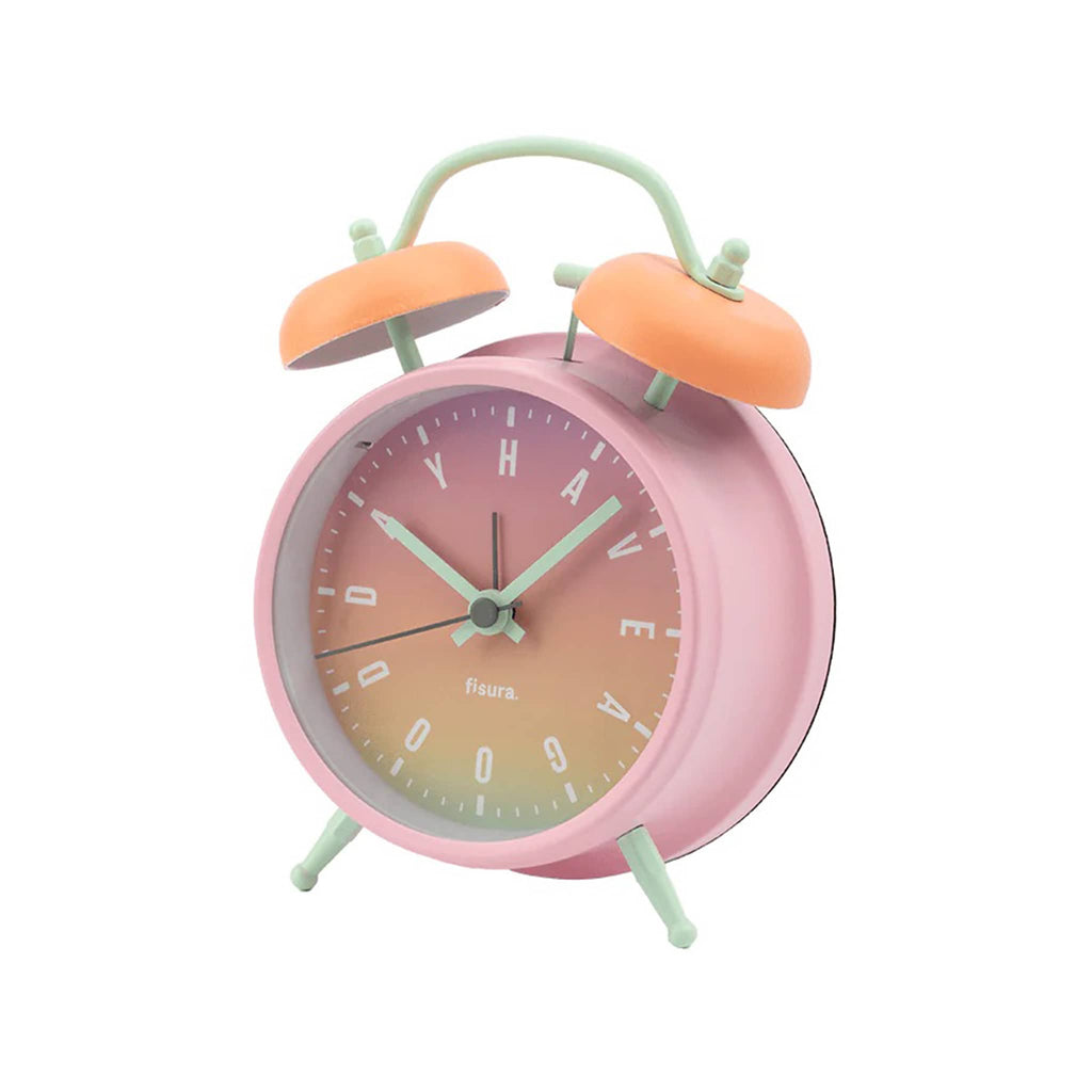 Pink alarm clock with gradient face and orange bells on a white background.