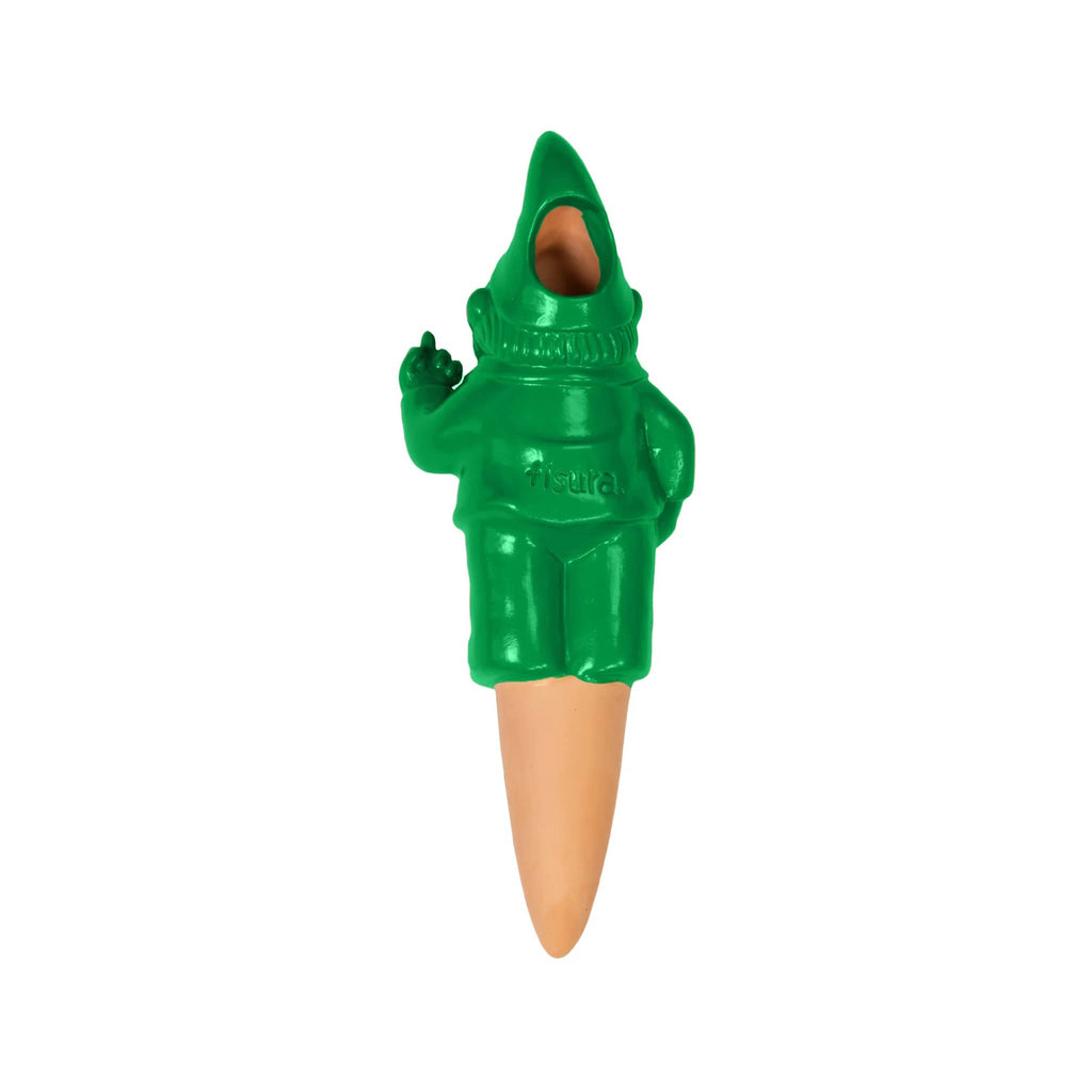 Rear view of a green self-watering gnome on a white background.