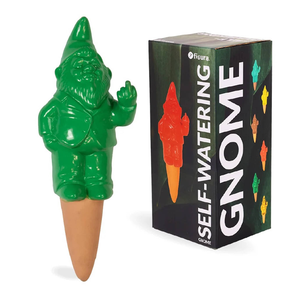 Green self-watering gnome with packaging on a white background.