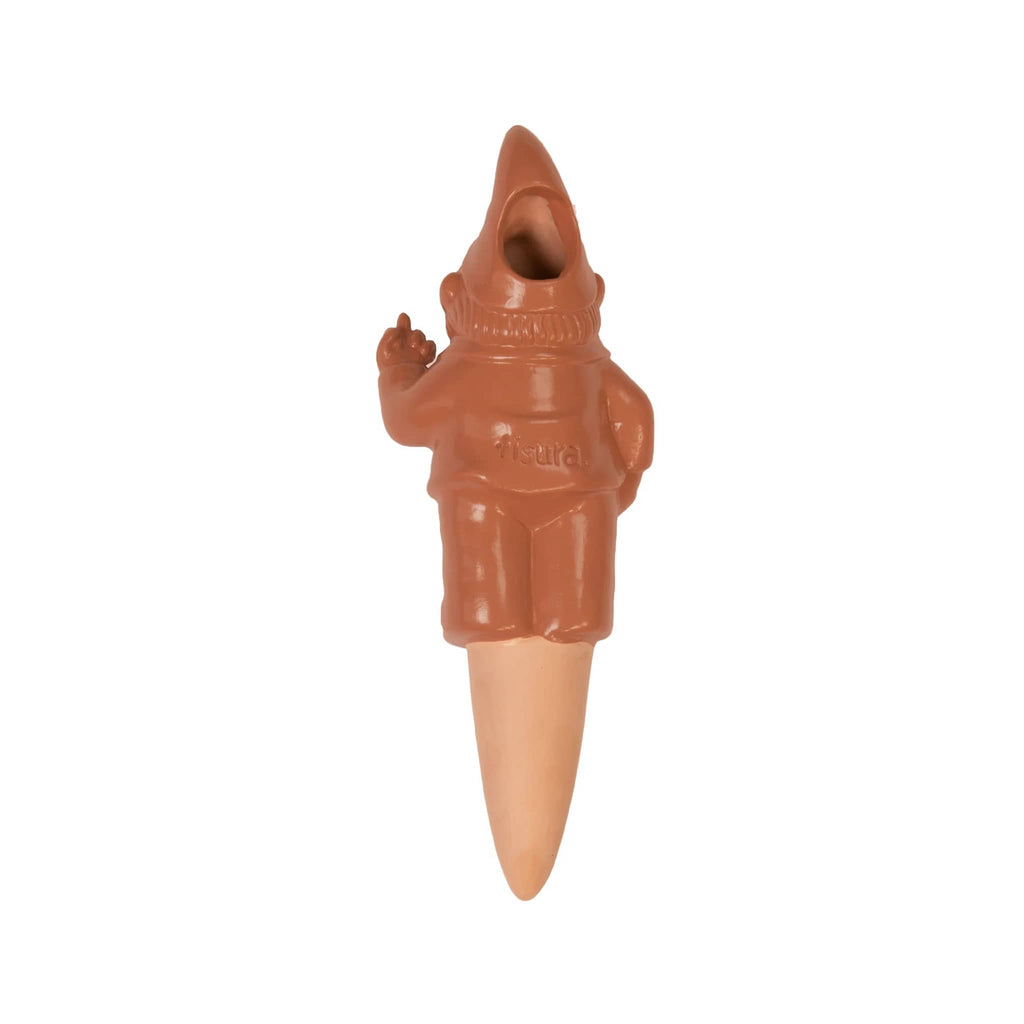 Rear view of a terracotta plant self-watering gnome, on a white background.