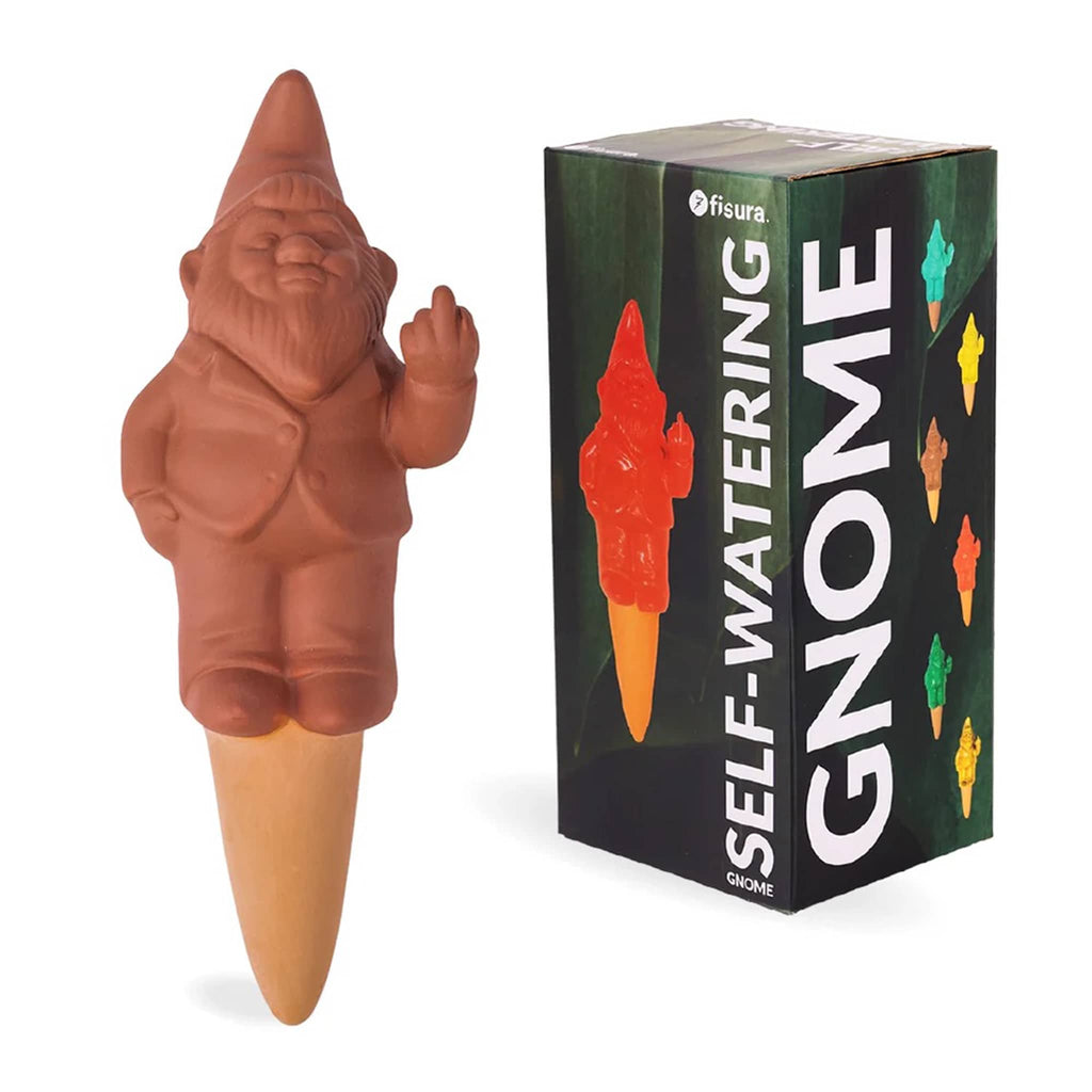 Terracotta plant self-watering gnome with packaging on a white background.