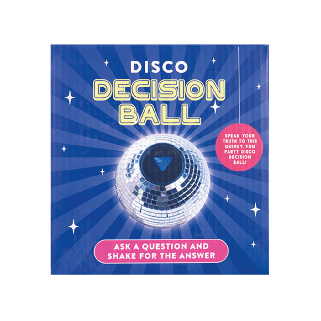 Disco Decision Ball packaging with a blue background and disco ball design.