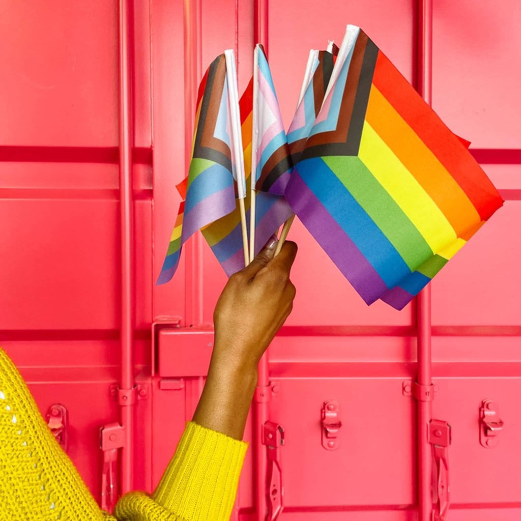 Flags for Good Small Progress Pride flags being held by a model in a yellow sweater in front of a red backdrop.