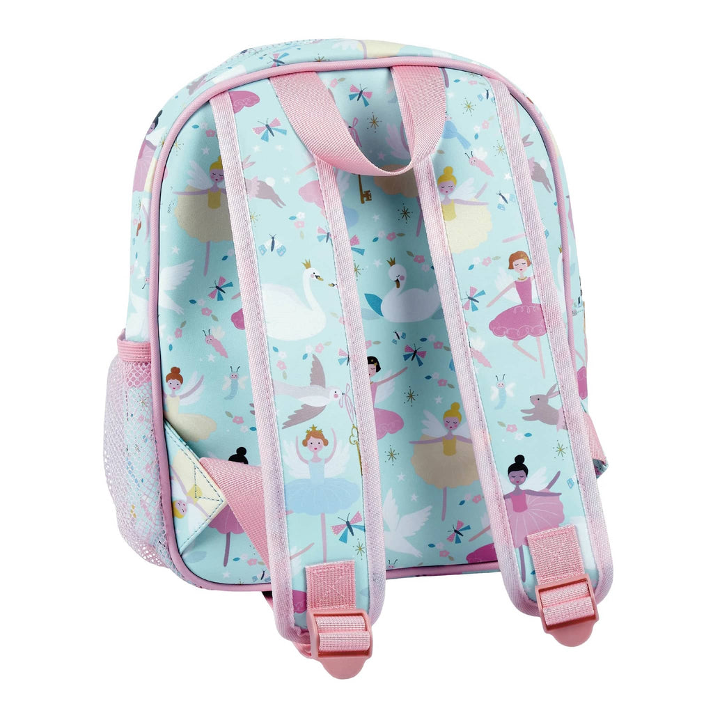 Floss and Rock Enchanted print on pale blue backpack, back view.