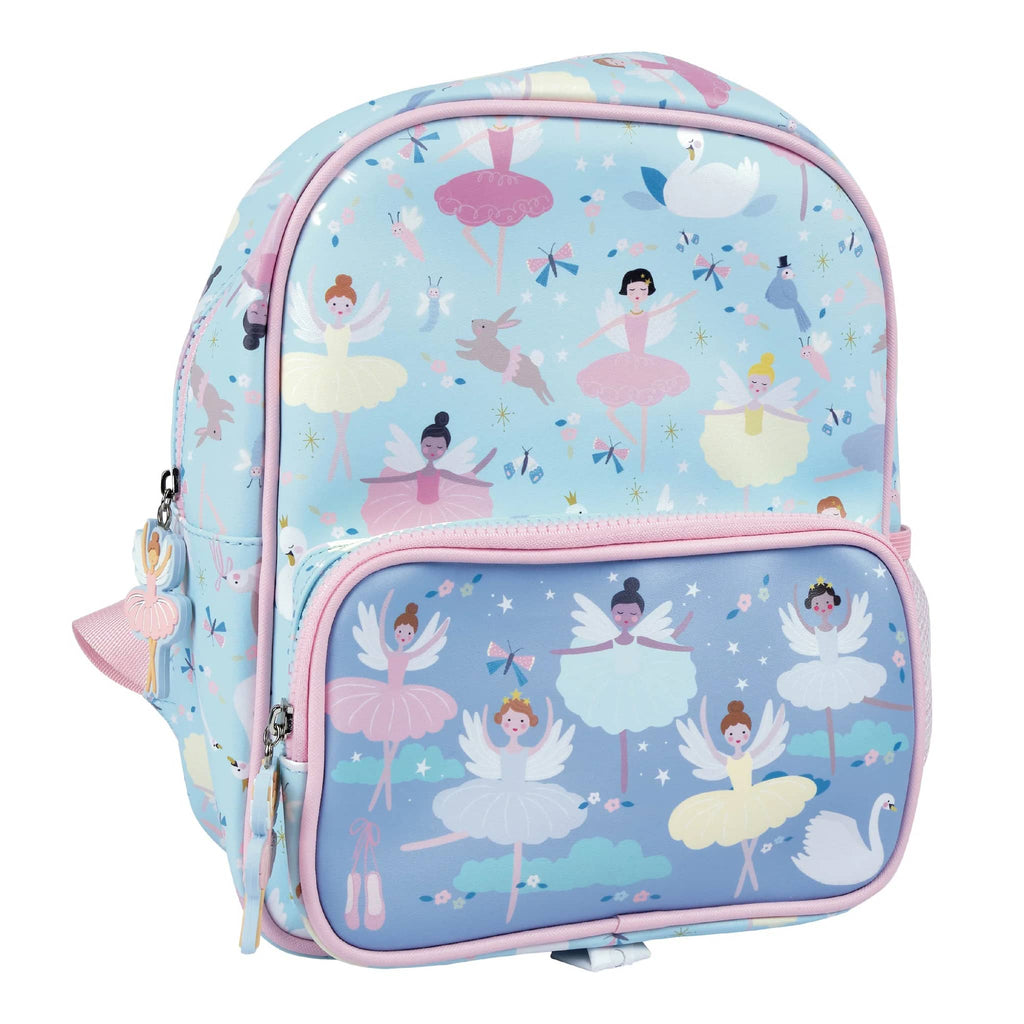 Floss and Rock Enchanted print on pale blue backpack, front angle view.