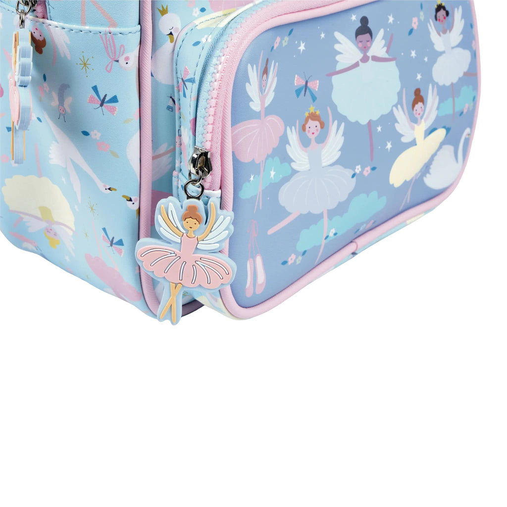 Floss and Rock Enchanted print on pale blue backpack, detail of chunky ballerina zip pull.