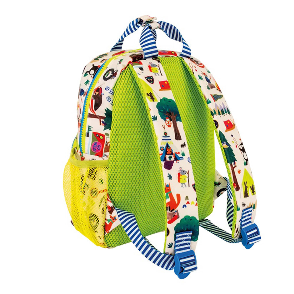 Floss and Rock Adventure print on cream kids backpack, back angle view.