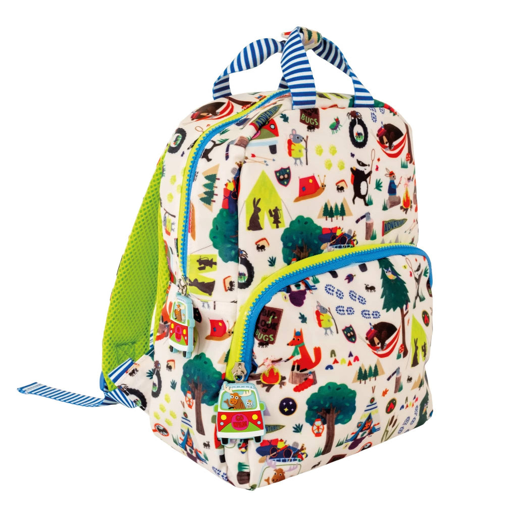 Floss and Rock Adventure print on cream kids backpack, front angle view.