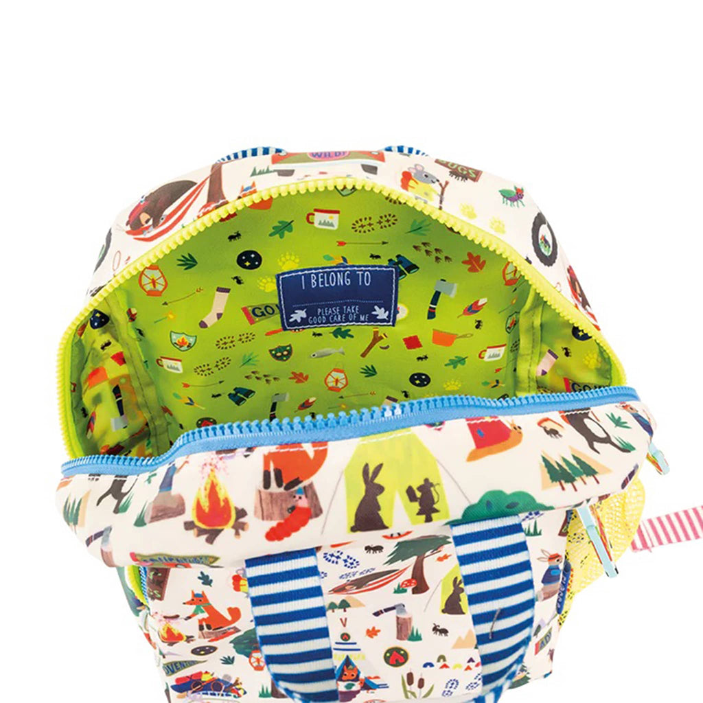 Floss and Rock Adventure print on cream kids backpack, unzipped to show interior lining and name label.