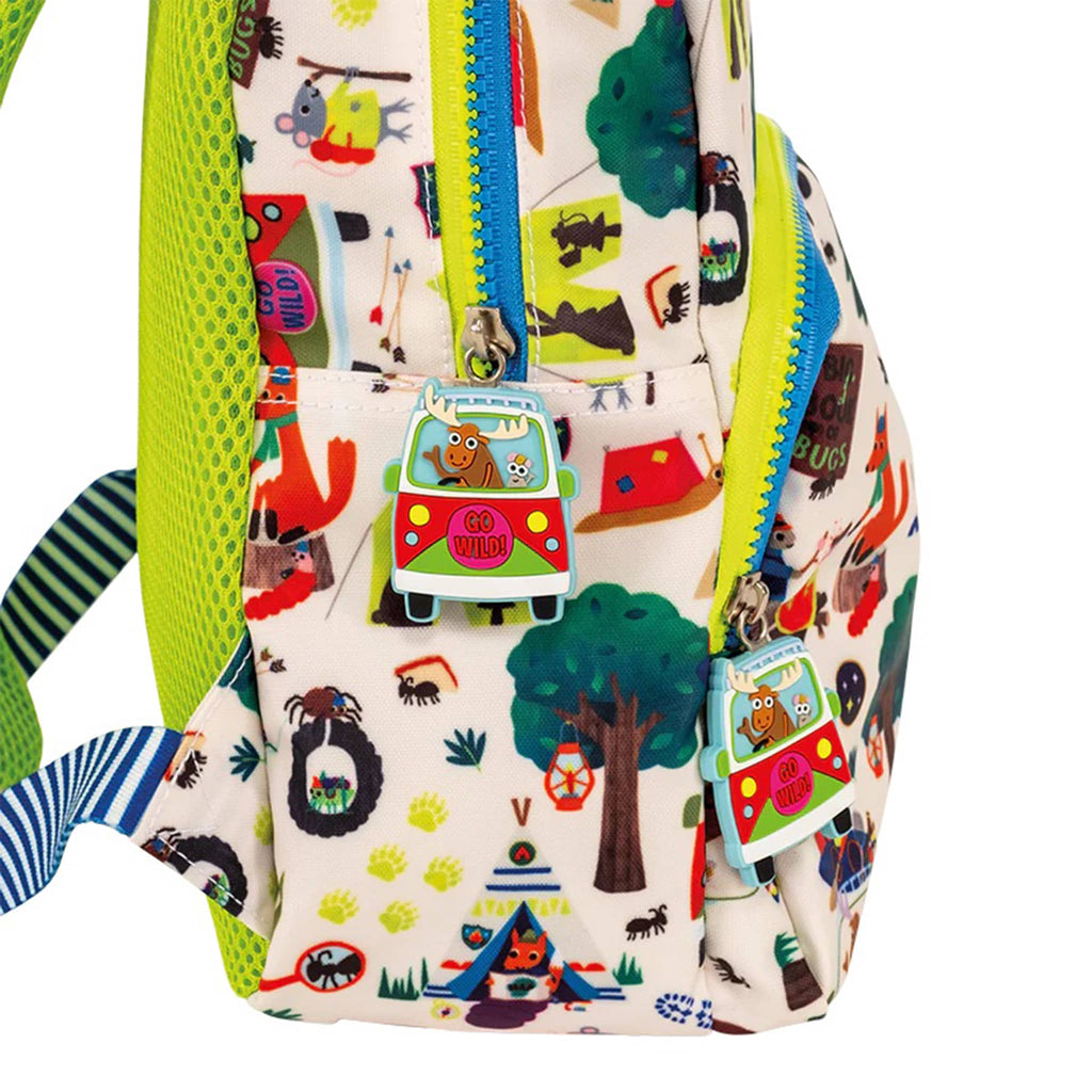 Floss and Rock Adventure print on cream kids backpack, left side with chunky camper van zip pulls.