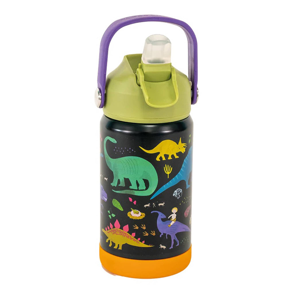 Floss & Rock 14 ounce kids insulated stainless steel insulated water bottle in Dinosaur, front view, handle and spout up.