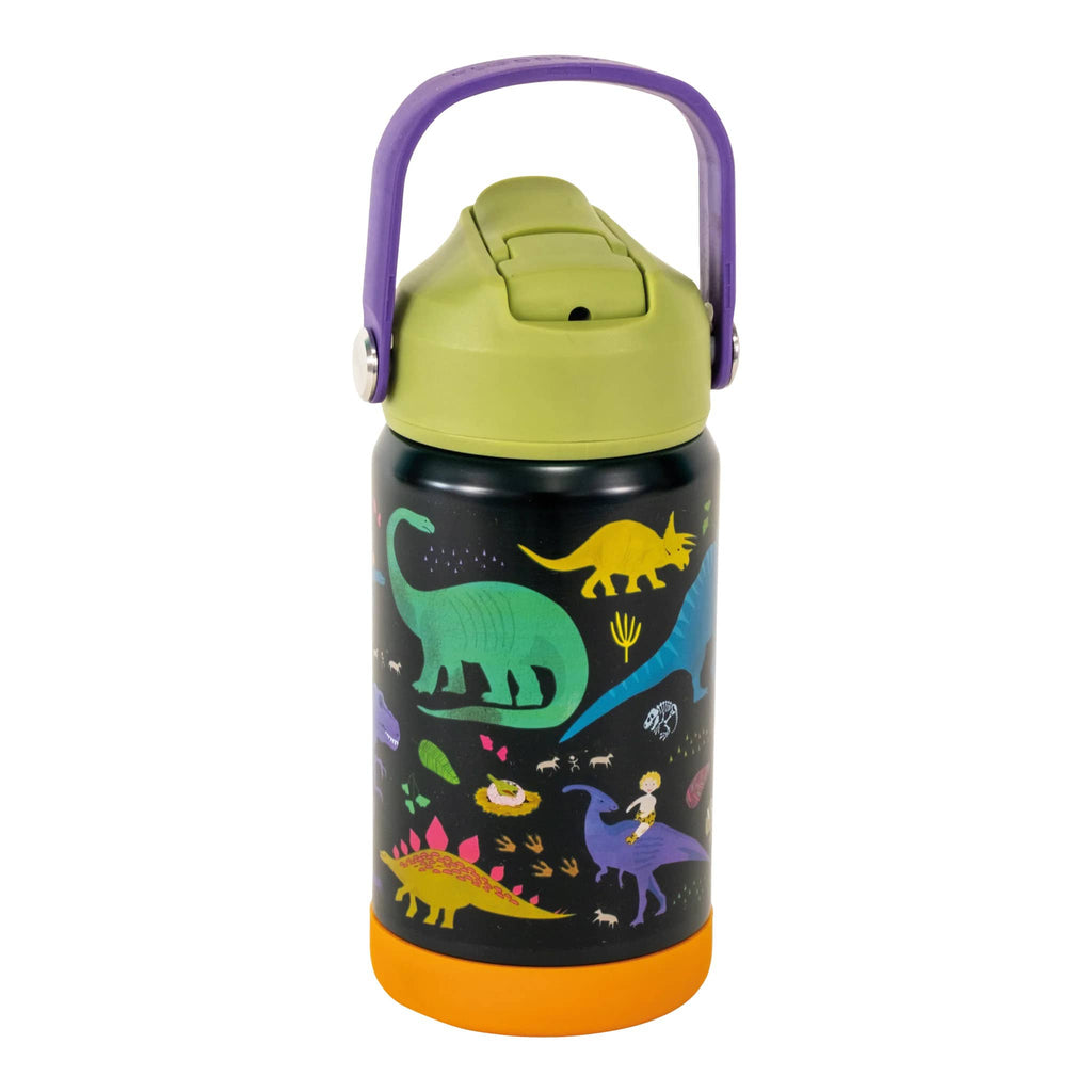 Floss & Rock 14 ounce kids insulated stainless steel insulated water bottle in Dinosaur, front view, handle up.