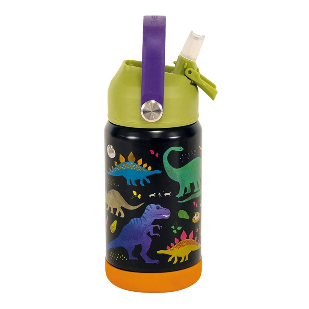 Floss & Rock 14 ounce kids insulated stainless steel insulated water bottle in Dinosaur, side view, handle and spout up.