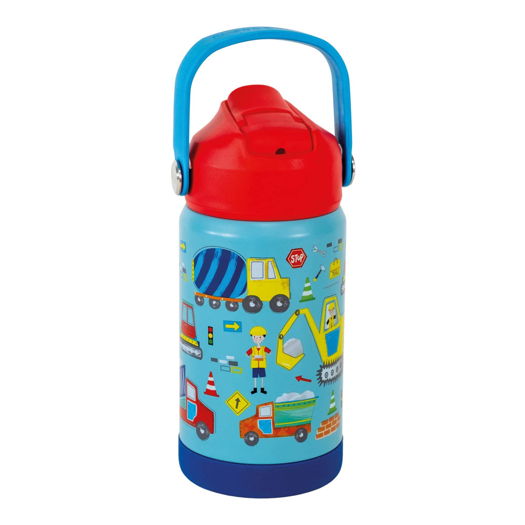 Floss & Rock 14 ounce kids insulated stainless steel insulated water bottle in Construction, front view, handle up.