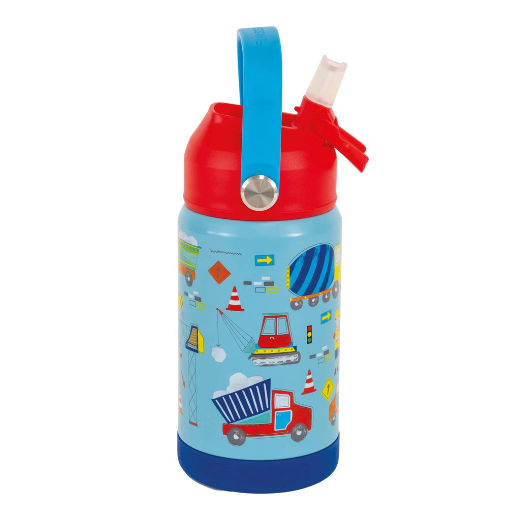 Floss & Rock 14 ounce kids insulated stainless steel insulated water bottle in Construction, side view, handle and spout up.