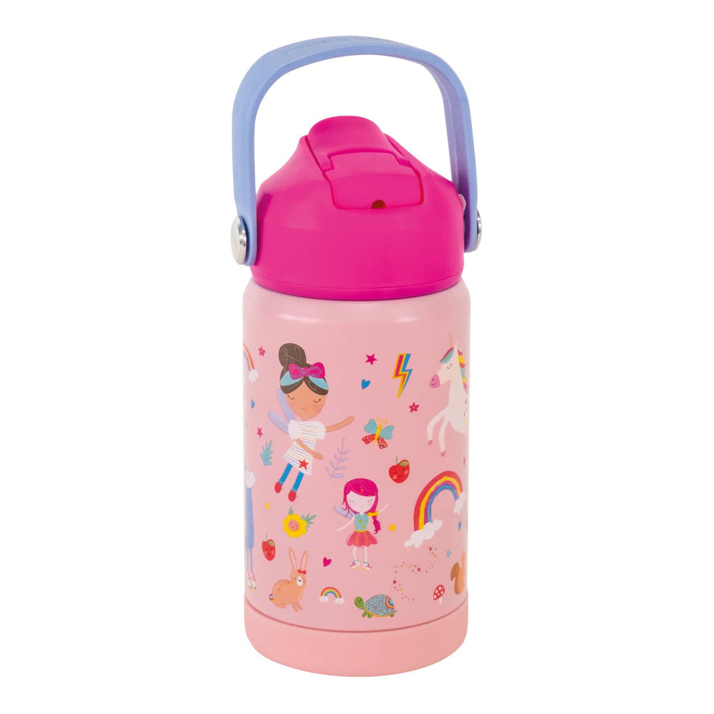 Floss & Rock 14 ounce kids insulated stainless steel insulated water bottle in rainbow fairy, front view, handle up.