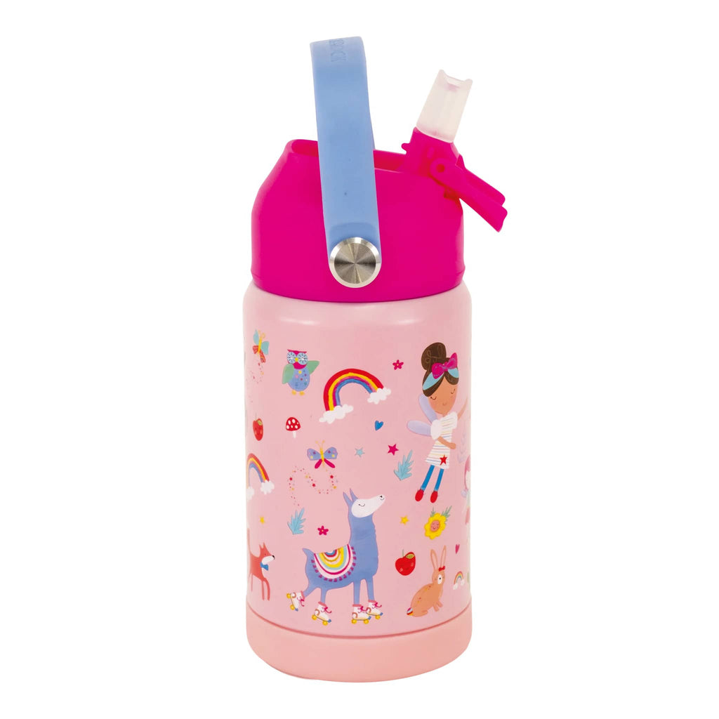 Floss & Rock 14 ounce kids insulated stainless steel insulated water bottle in rainbow fairy, side view, handle and spout up.