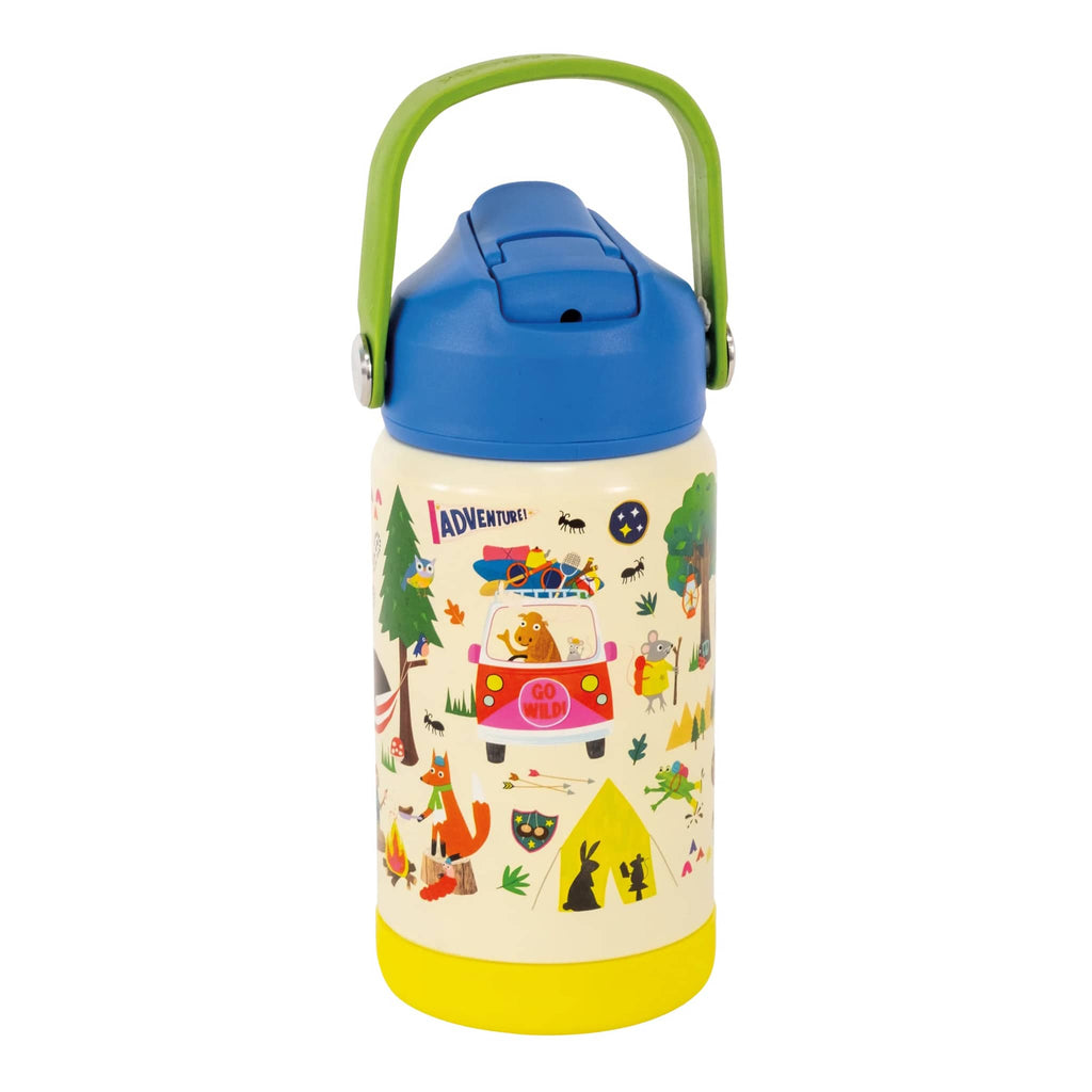 Floss & Rock 14 ounce kids insulated stainless steel insulated water bottle in Adventure, front view, handle up.