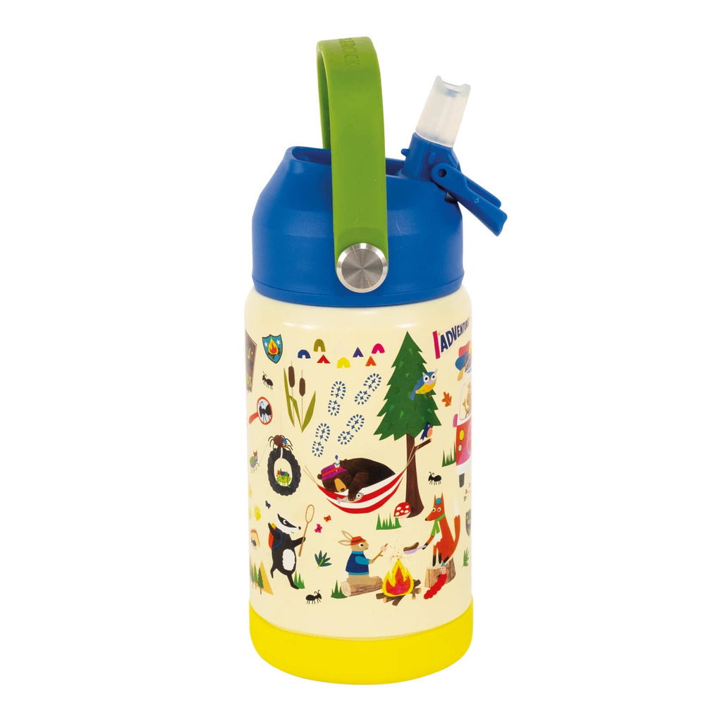 Floss & Rock 14 ounce kids insulated stainless steel insulated water bottle in Adventure, side view, handle and spout up.