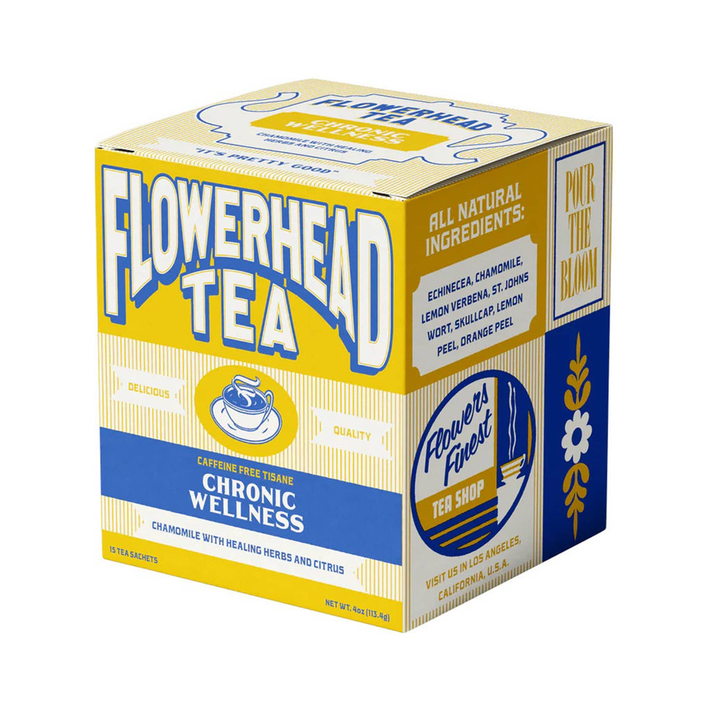 Flowerhead Tea Chronic Wellness caffeine free herbal tea blend tea bags in yellow and blue box packaging, front angle.