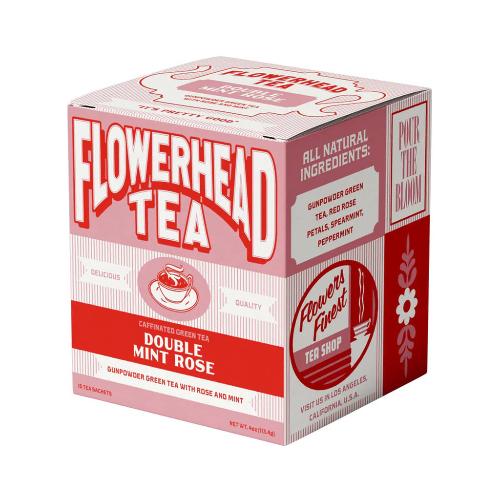 Flowerhead Tea Double Mint Rose caffeinated green tea blend tea bags in pink and red box packaging, front angle.