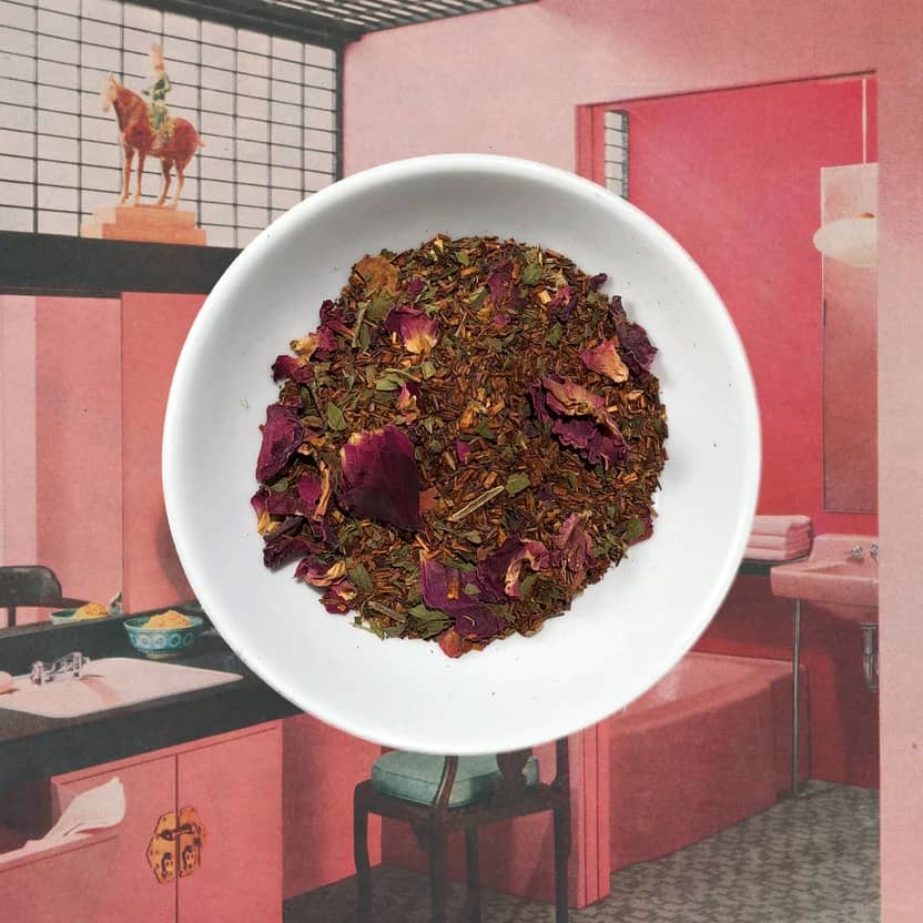 Flowerhead Tea Mrs. Rooiboson  caffeine free tisane tea blend, loose leaves in white dish.