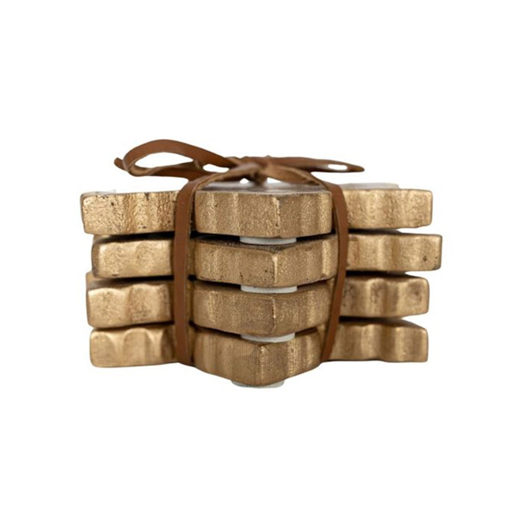 Foreside mango wood hansel maple leaf-shaped coasters, set of 4 tied with leather string, side view.