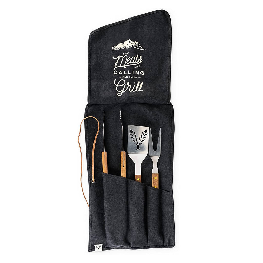 Foster and Rye Grilling Tool Set in black cotton canvas carry case, unfolded and open.