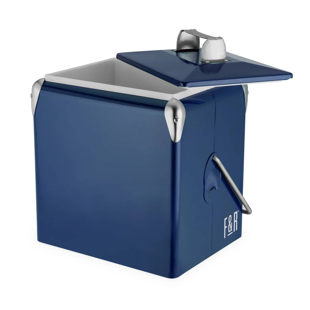 Foster and Rye Vintage Blue Stainless Steel Cooler with handle, front angle view, lid off.