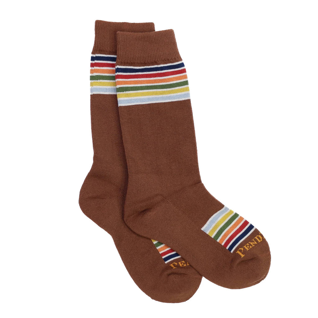 Brown socks with colorful horizontal stripes on a white background.