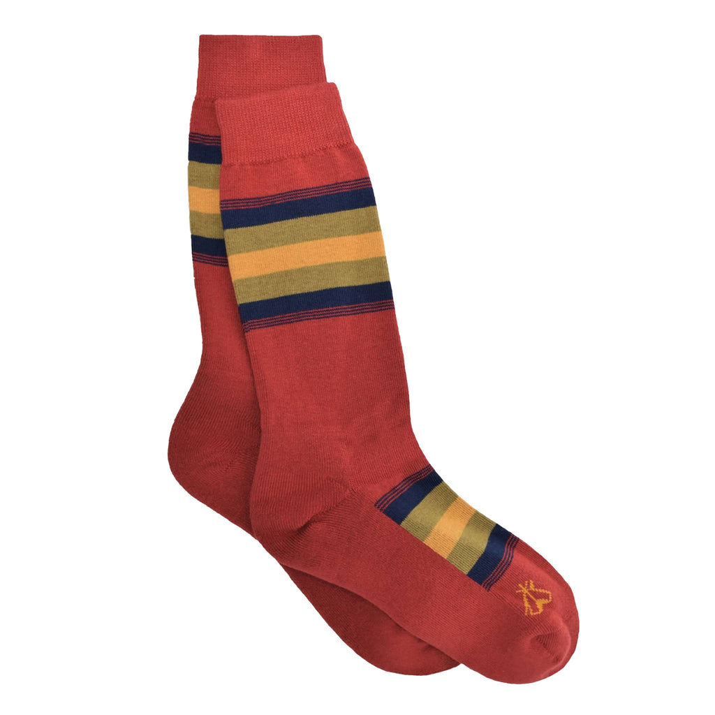 Red socks with navy, olive and yellow horizontal stripes on a white background.