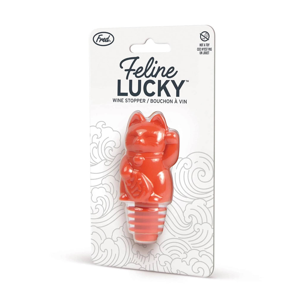 Fred Feline Lucky Wine Bottle Stopper in packaging, front view.