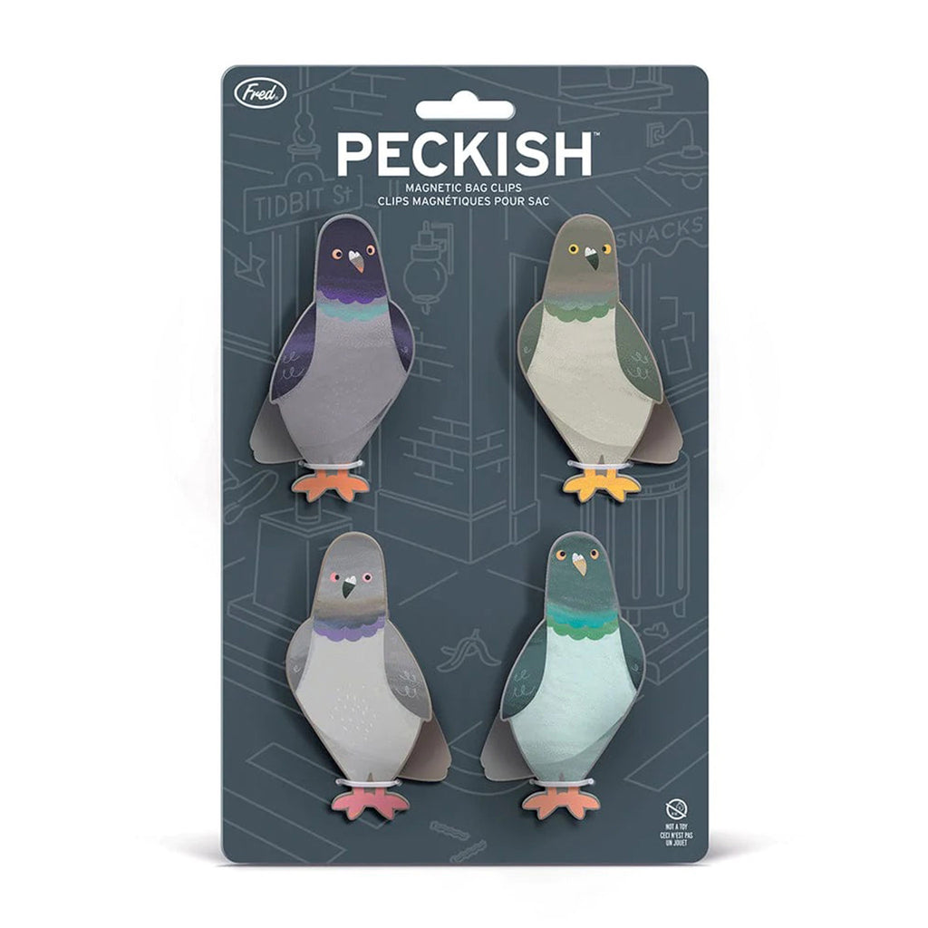 Fred Peckish pigeon magnetic bag clips on backing card.