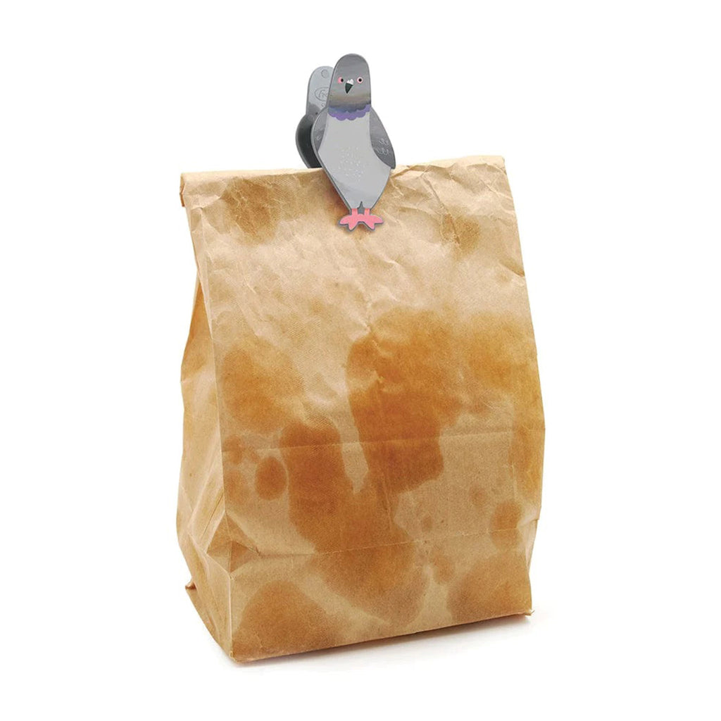 Fred Peckish pigeon magnetic bag clip on a paper bag with grease stains.