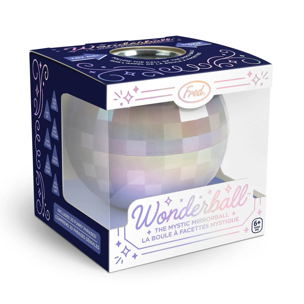 Fred Wonderball The Mystic Mirrorball fortune telling disco ball in box packaging, front angle view.