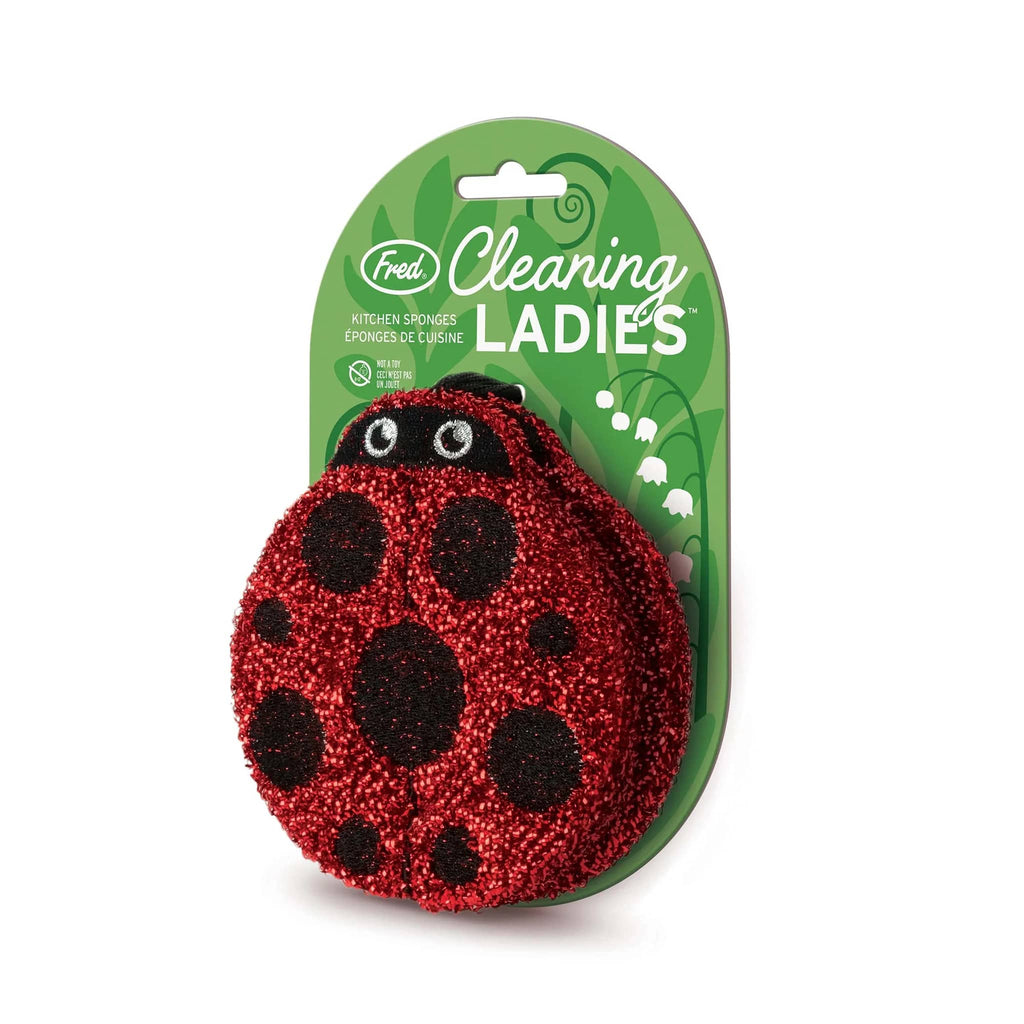 Fred Cleaning Ladies kitchen sponges that look like ladybugs, on green card packaging.