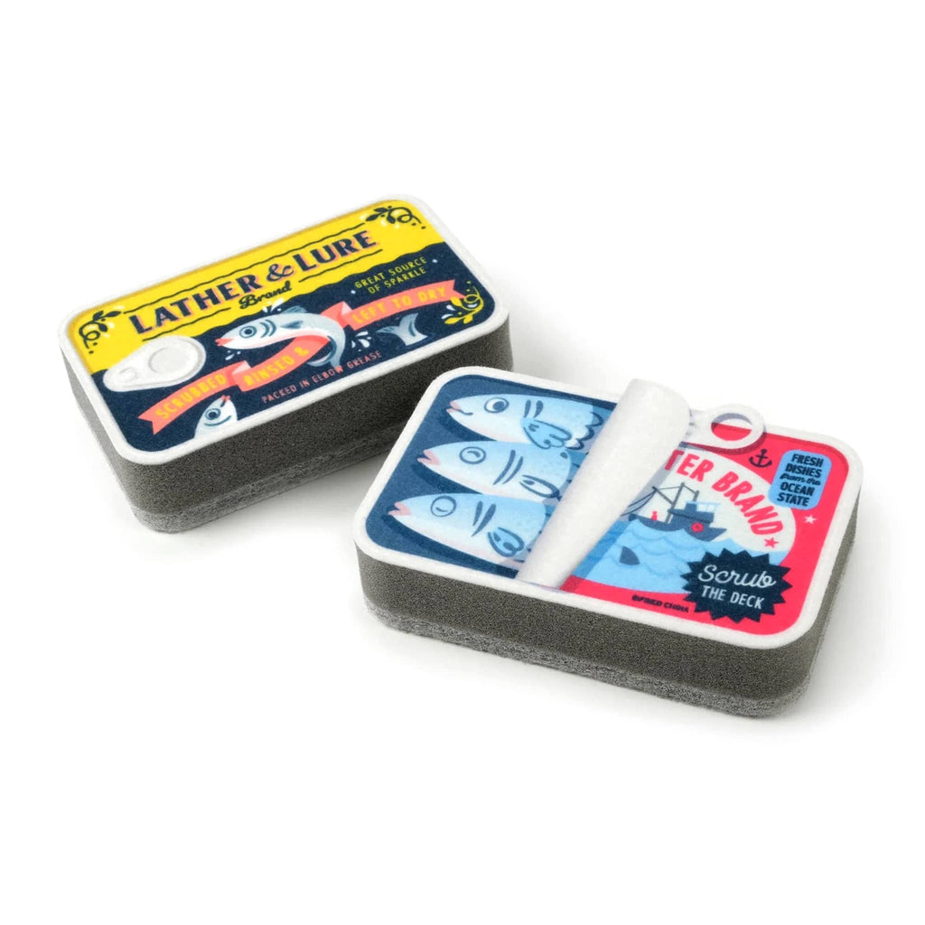 Fred Tidy Tins kitchen sponge set that look like canned fish tins, set of 2, side view.